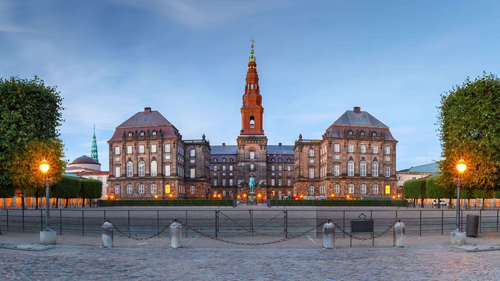 Christiansborg Palace and its tower, on Slotsholmen in central Copenhagen.